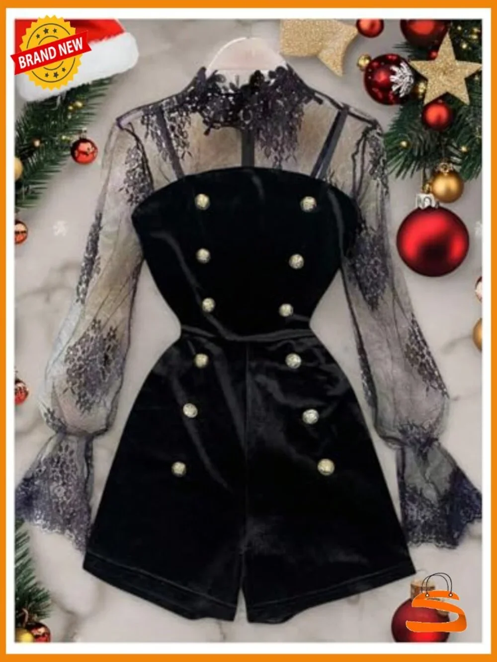Lace Mesh Long Flounce Sleeve Velvet Romper Jumpsuit Pull On - Picture 3 of 5